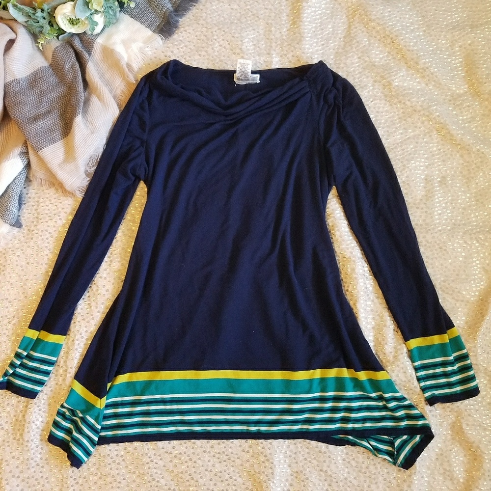 Navy and striped long sleeve flowy knit top