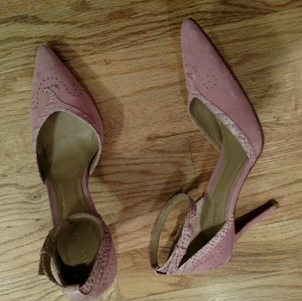 Ann Taylor angle strap pink suede high heels.