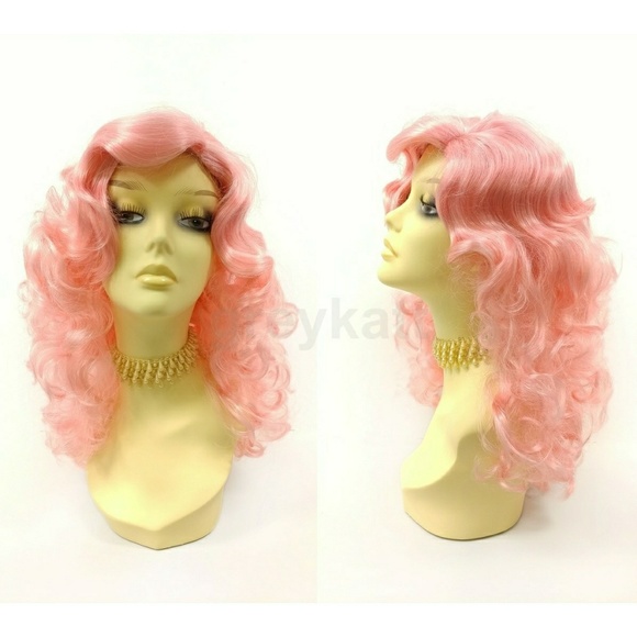 Accessories - Light pink long curly wig with side part and bangs
