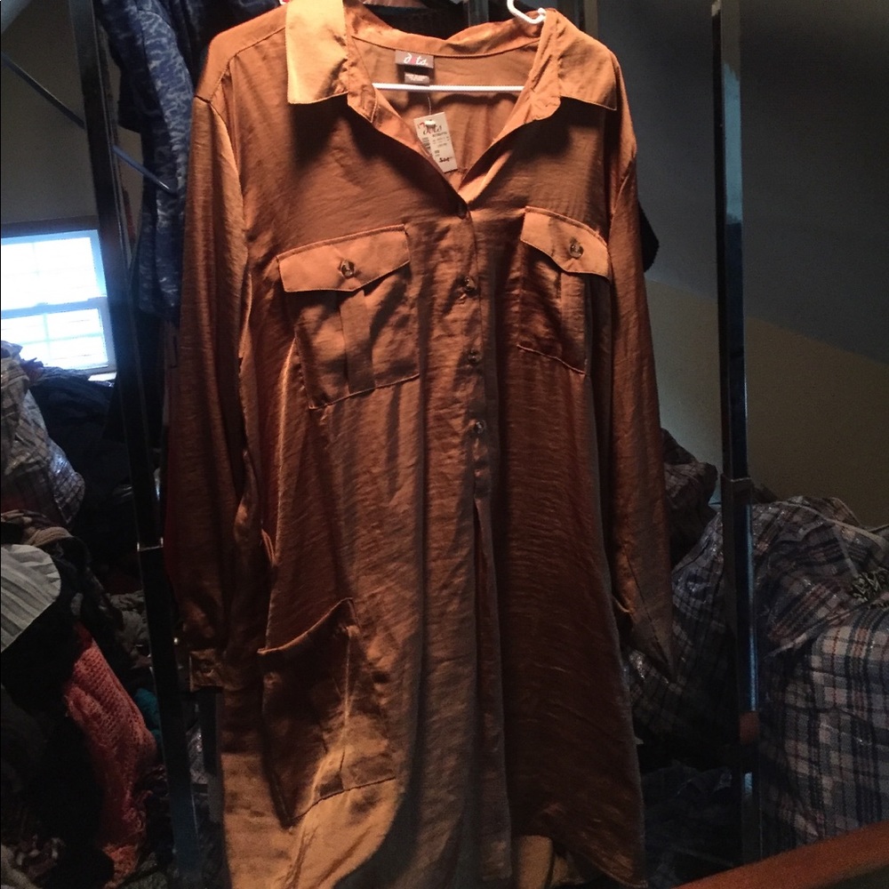 Bronze Silk Textured Long Length Button Down