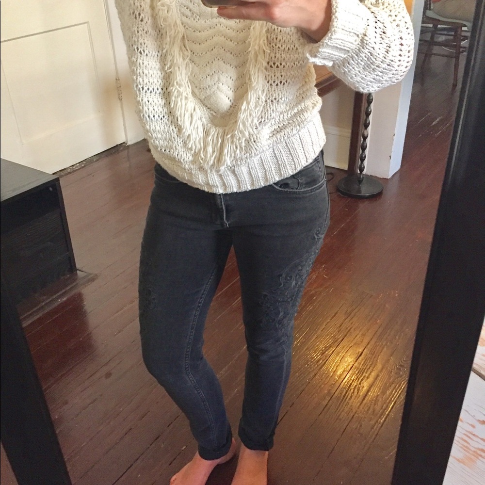 Black Washed Denim with Embroidery Detail