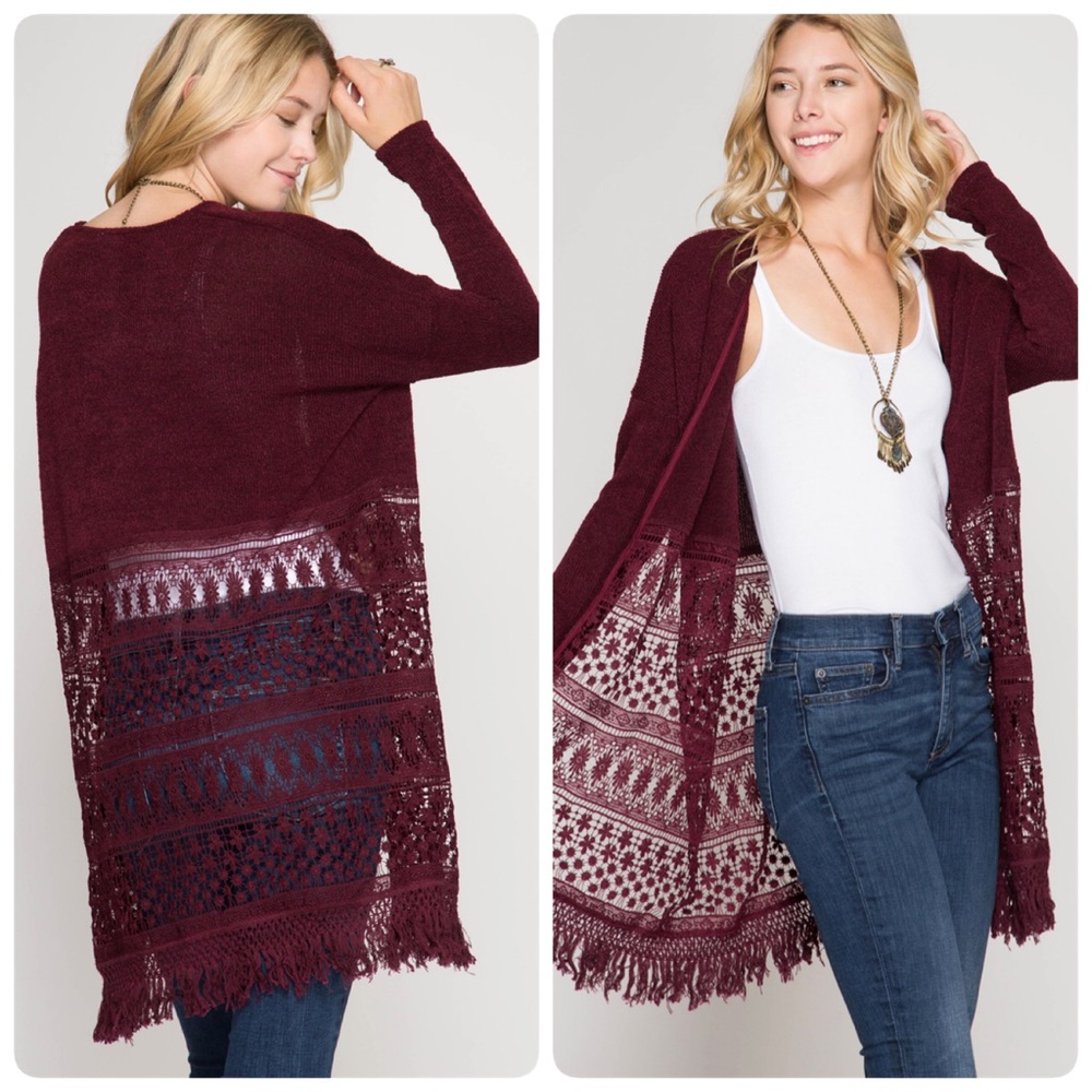 Long Wine Hacci Open Cardigan with Lace and Fringe - Picture 2 of 3