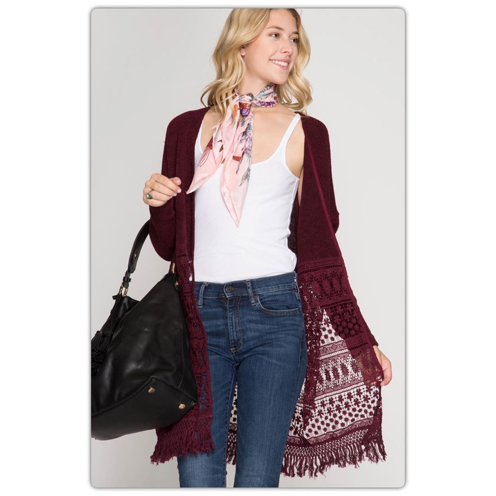 Long Wine Hacci Open Cardigan with Lace and Fringe - Picture 3 of 3