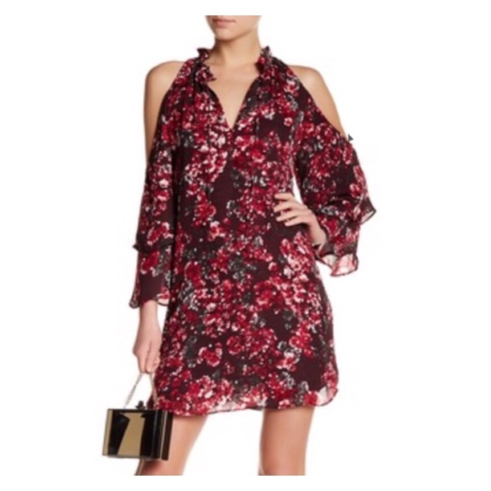 NWT Parker Red Floral Cold Shoulder Ruffle Shift