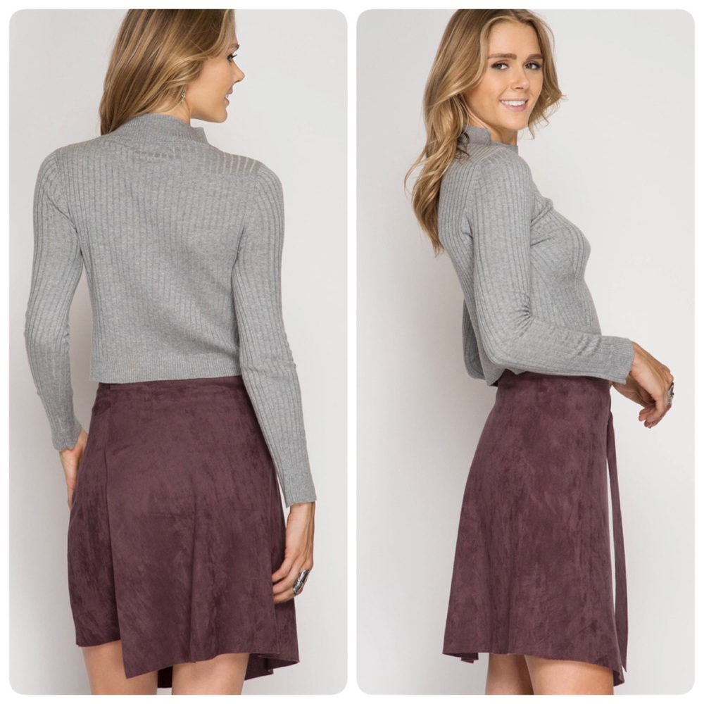 Plum Faux Suede Asymmetrical Wrap Skirt - Picture 2 of 3