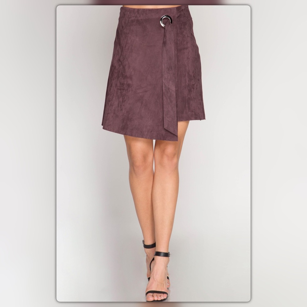Plum Faux Suede Asymmetrical Wrap Skirt - Picture 3 of 3