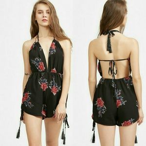 Black Red Floral Strappy Backless Tassel Romper