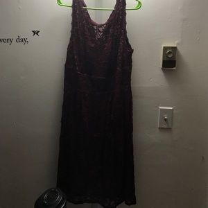 Plum lace dress with tan under layer
