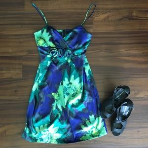 Blue and Green Floral Spaghetti Strap Party Dress