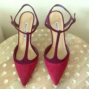 Manolo Blahnik Cranberry Suede Ankle Strap Pump