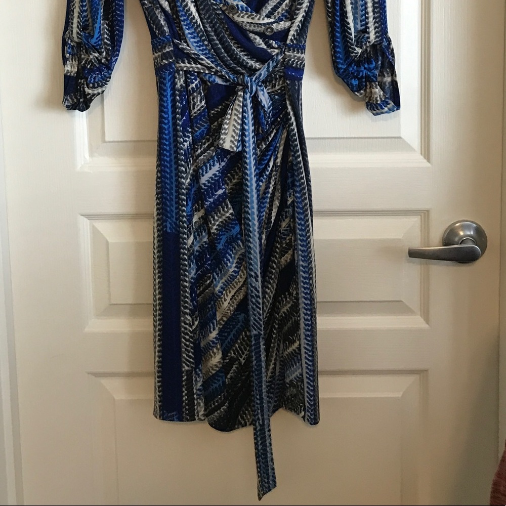 Blue Patterned Tie Waist Button Down Midi Dress - image 2