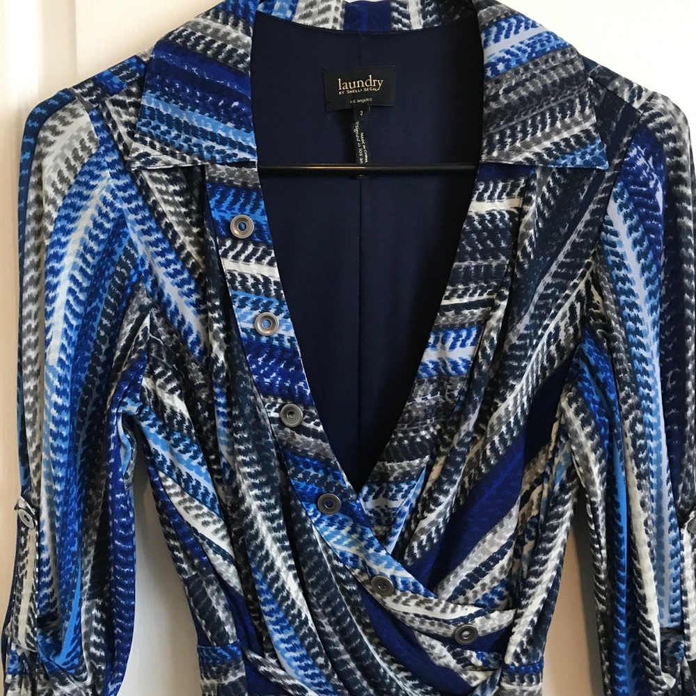 Blue Patterned Tie Waist Button Down Midi Dress - image 3