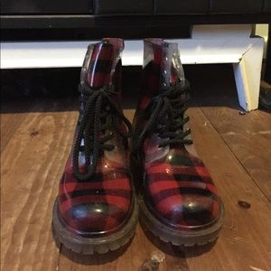 Red and black checkered rainboots