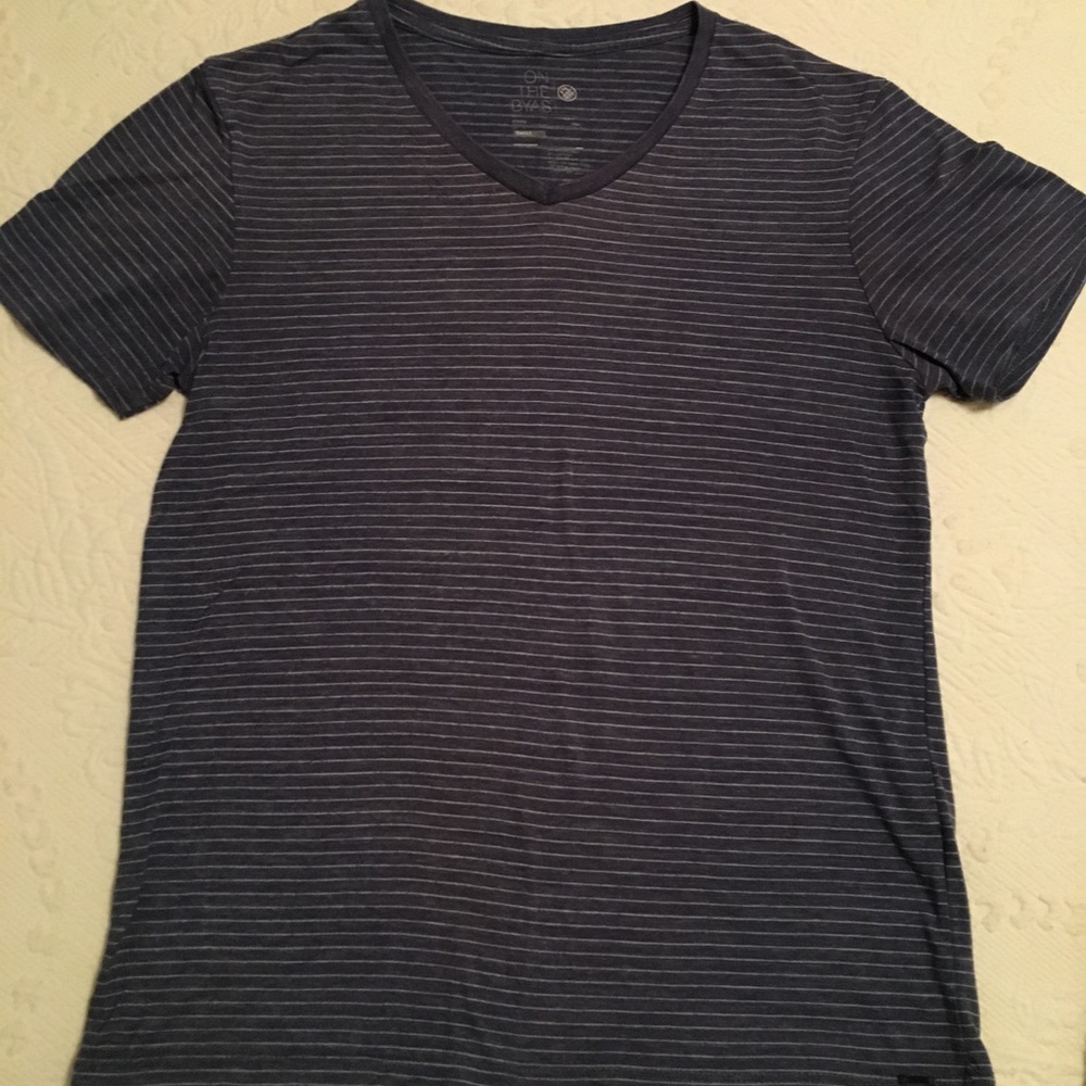 "On the Byas" blue/white striped V-neck t-shirt
