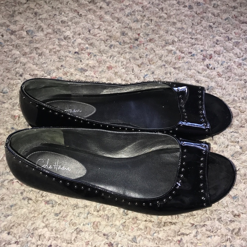 Cole Haan Leather Studded Black Open Toe Peep Flat