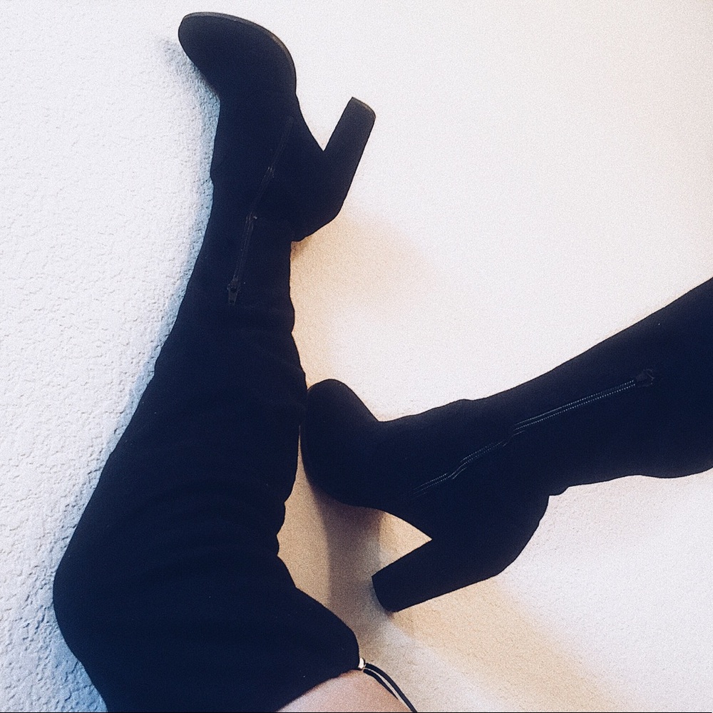 Black knee high velvet boots