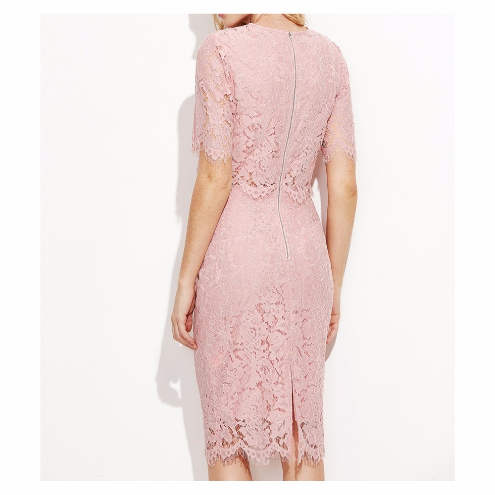 ❗️Pink Short Sleeve Open Lace Midi Dress - Picture 3 of 4
