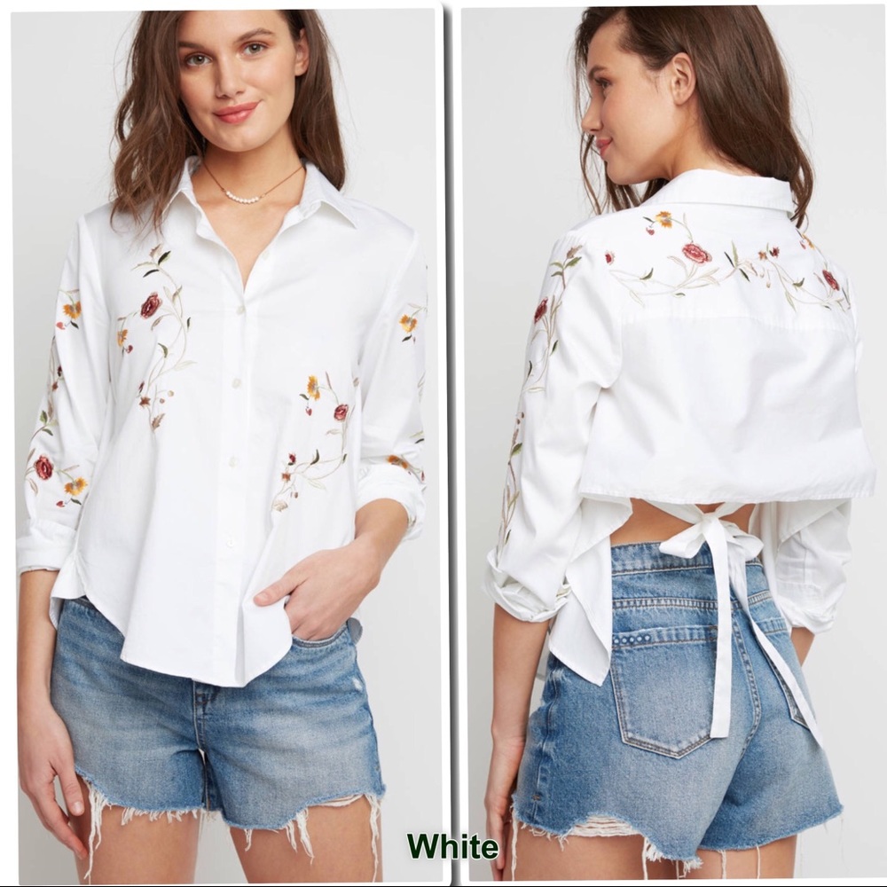 Embroidered Tie Back Shirt  White & Light Blue - Picture 2 of 8