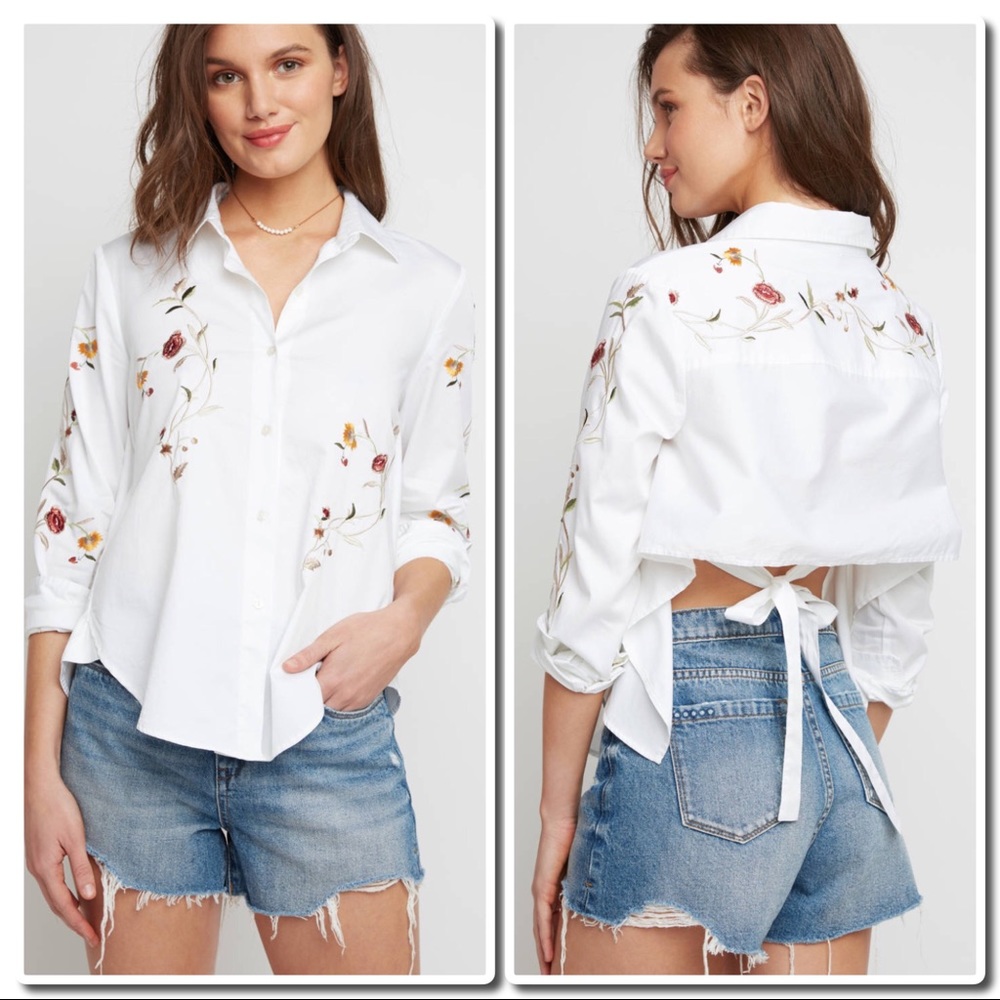 Embroidered Tie Back Shirt  White & Light Blue - Picture 4 of 8