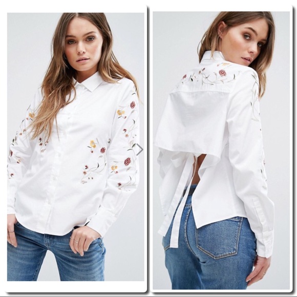 Embroidered Tie Back Shirt  White & Light Blue - Picture 3 of 8