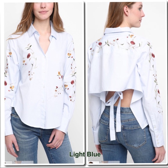 Embroidered Tie Back Shirt  White & Light Blue - Picture 5 of 8