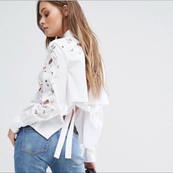 Embroidered Tie Back Shirt  White & Light Blue - Picture 7 of 8