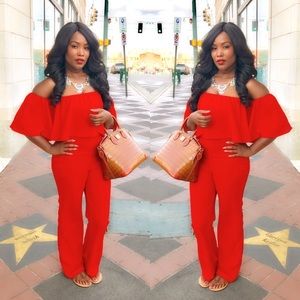 Red Off Shoulder Jumpsuit
