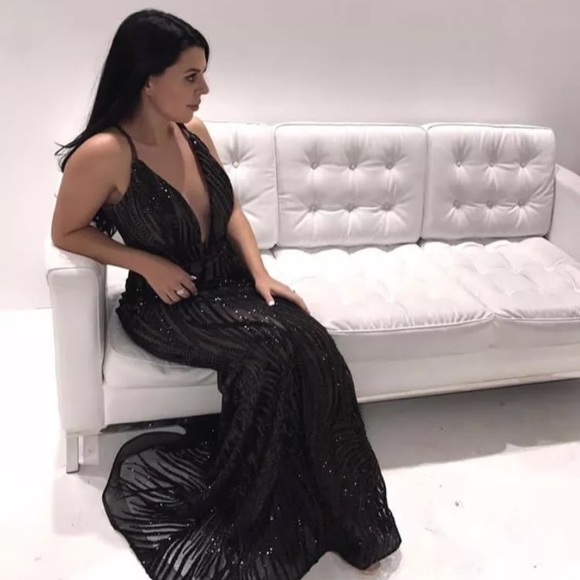 Jadore Black Sequin and Mesh Gown - Picture 3 of 5