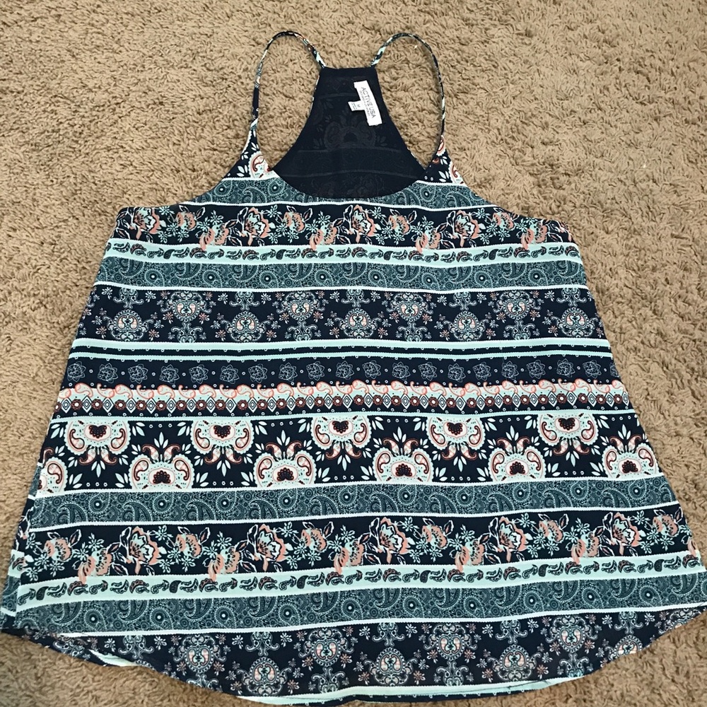 Razor back tank top; floral & paisley print.