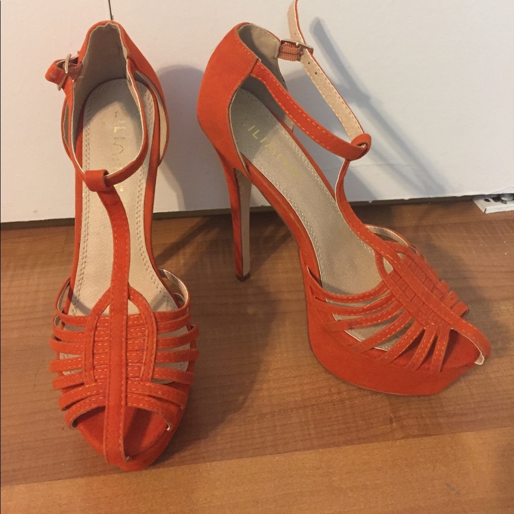 Orange T-strap platform heels
