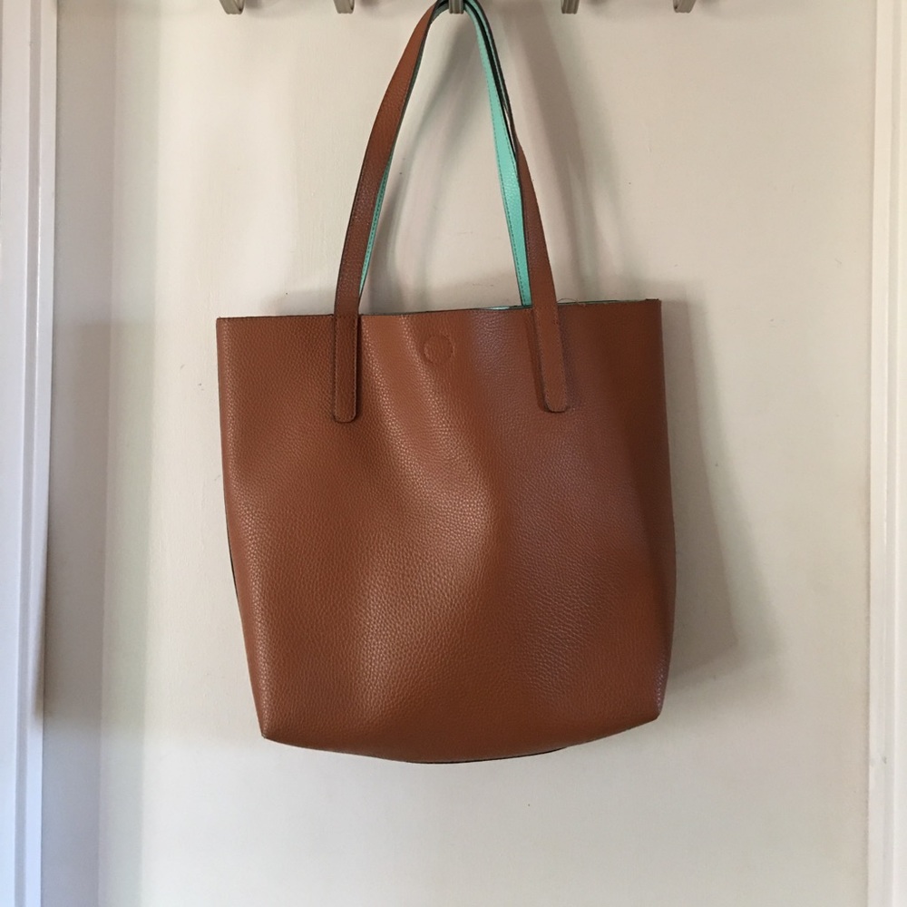 CLEARANCE Tote bag tan & aqua. Reversible.