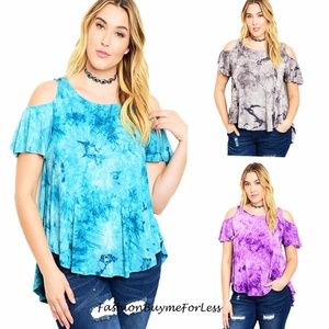 BLUE Hippie Tie Dye Open Cold Shoulder Tunic Top