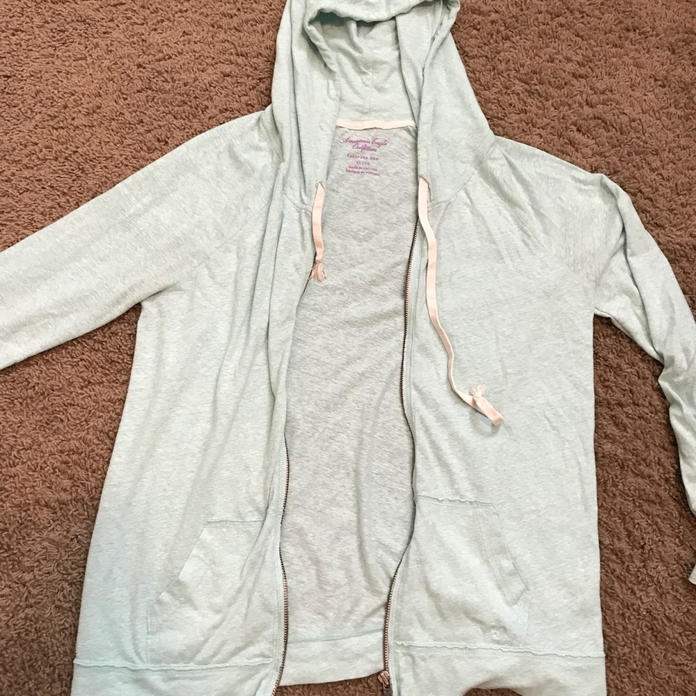 Teal hoodie from American Eagle.