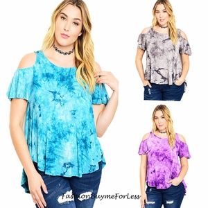 Gray Tie Dye Cold Shoulder Swing Peasant Tunic Top