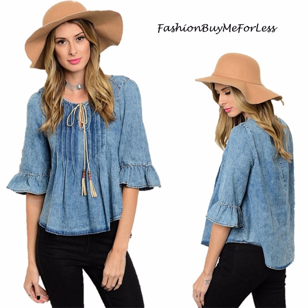 Hippie Denim 3/4 Sleeve Pleated Peasant Tunic Top