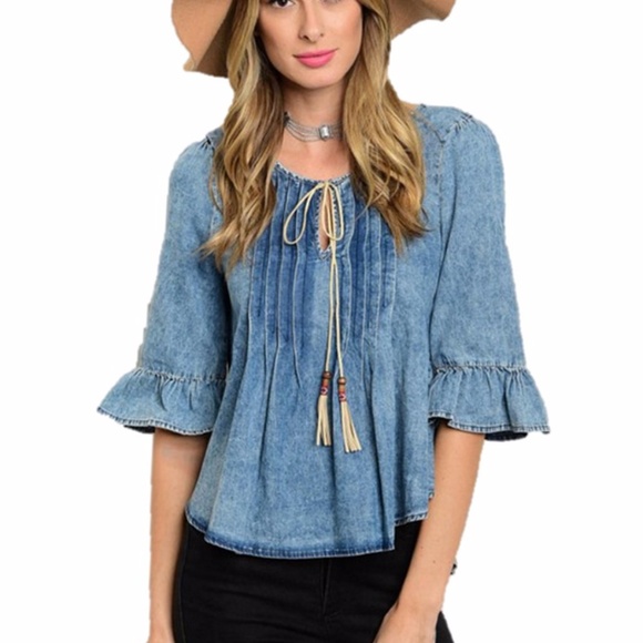 Hippie Denim 3/4 Sleeve Pleated Peasant Tunic Top - Picture 2 of 7