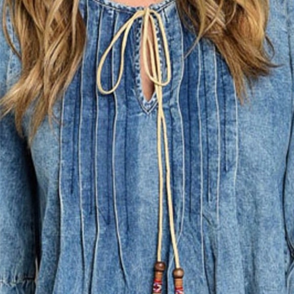 Hippie Denim 3/4 Sleeve Pleated Peasant Tunic Top - Picture 4 of 7