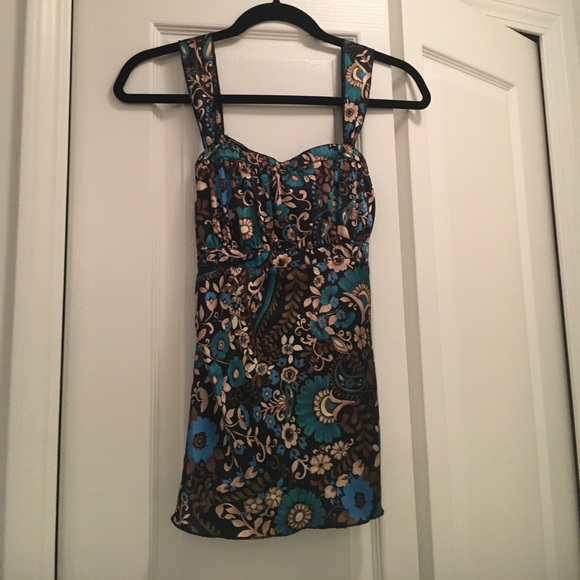 Teal and Tan Floral Satiny Top - Picture 1 of 5