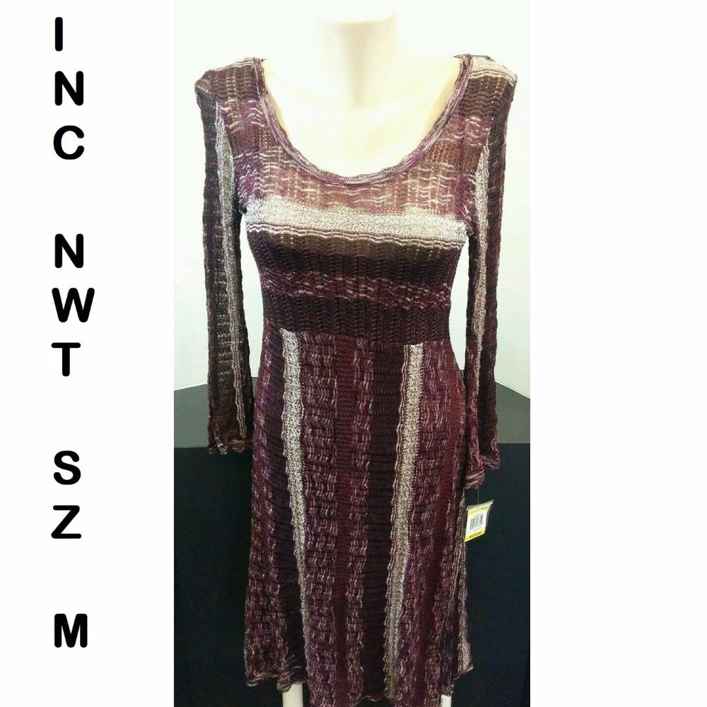 NWT INC Striped Knit Dress Burgundy Scoop Neck Med - Picture 1 of 8