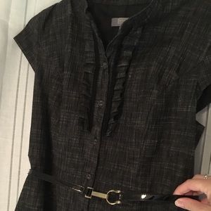 Black cap sleeve button up dress with belt