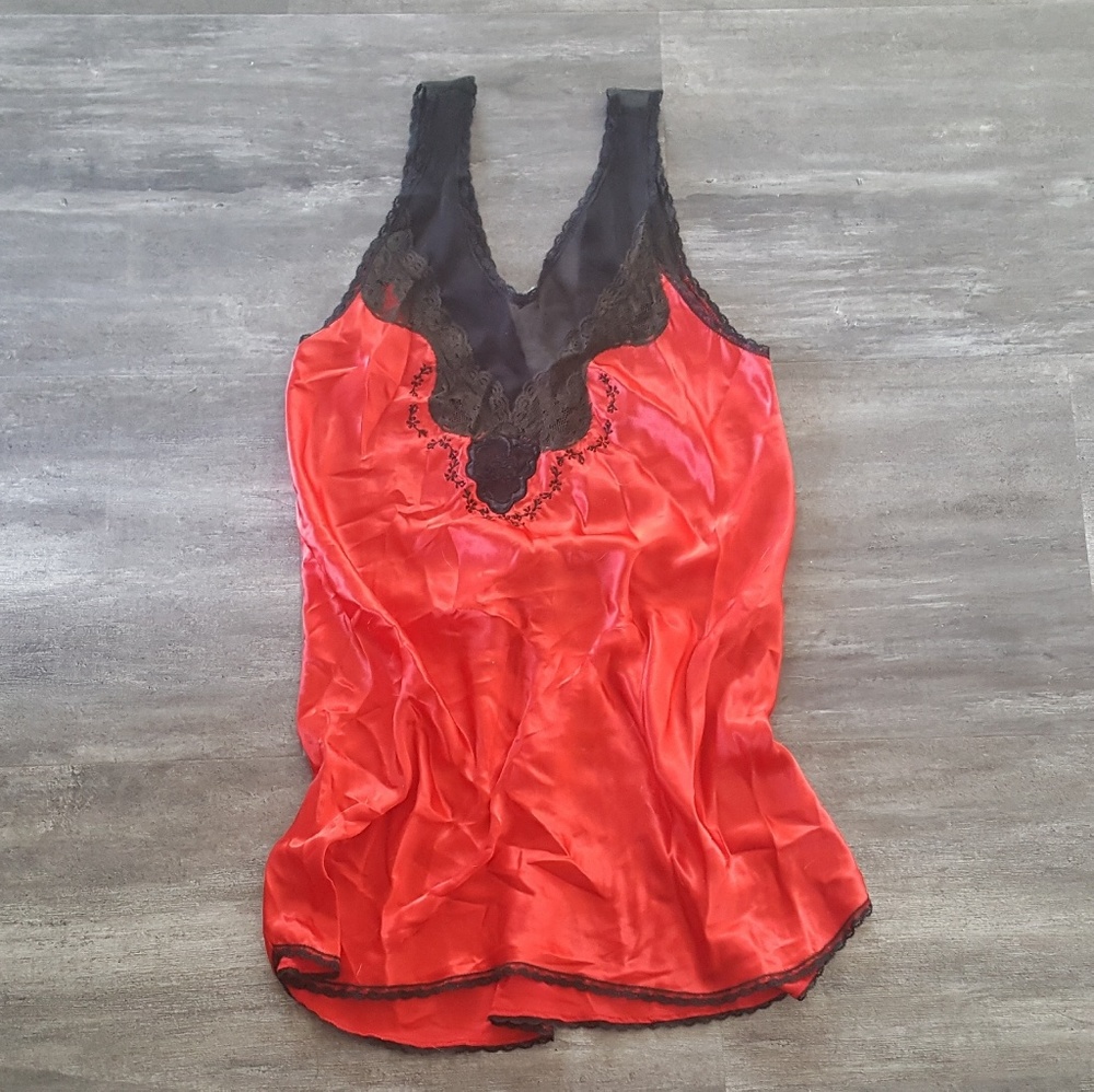 Red Black Bow Detailed Silk Chemise