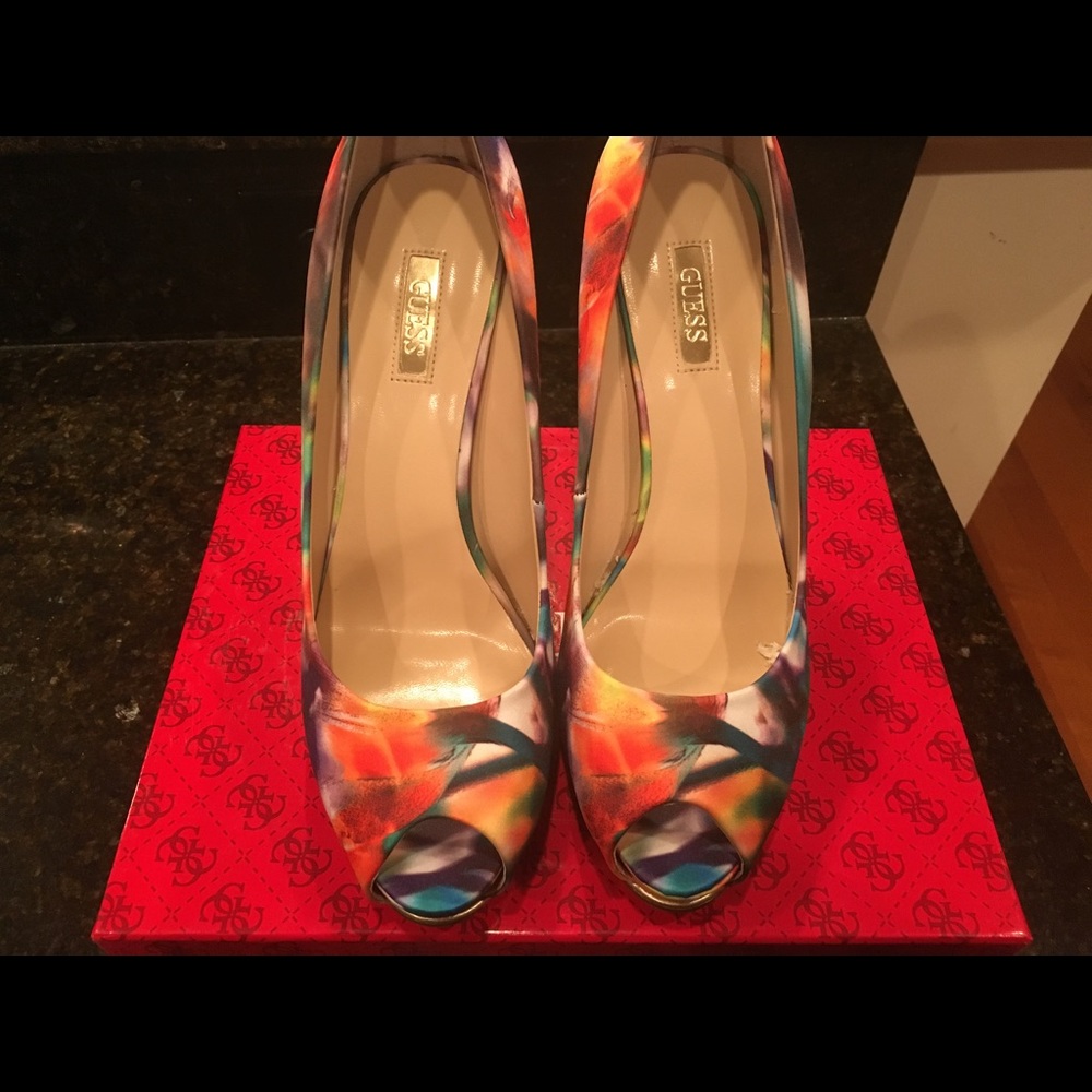 Guess, size 8.5. Multi-colored, peep toes.