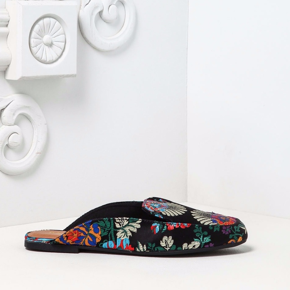 Embroidered Black Silky  Floral Slides