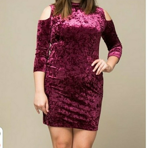 Timing Dresses & Skirts - NWT Burgandy Crushed Velvet cold shoulder dress