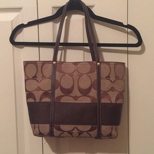 Coach gently used khaki/brown tote w/ brown stripe