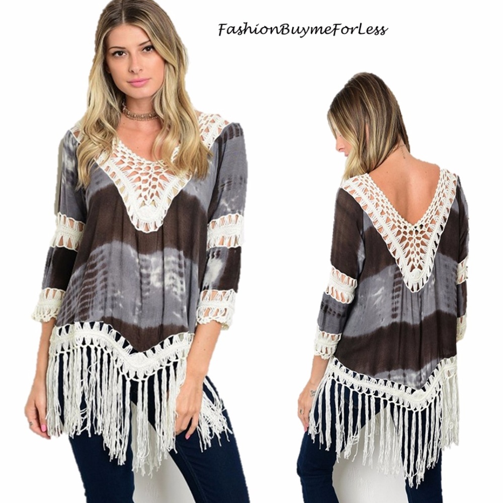Cowgirl Tie Dye Crochet Lace Fringed Tunic Top