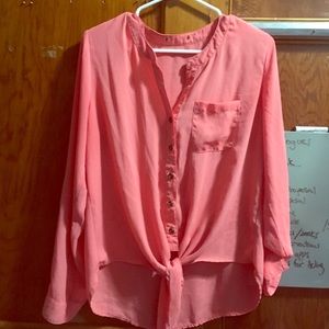 Salmon button up, front tie shirt