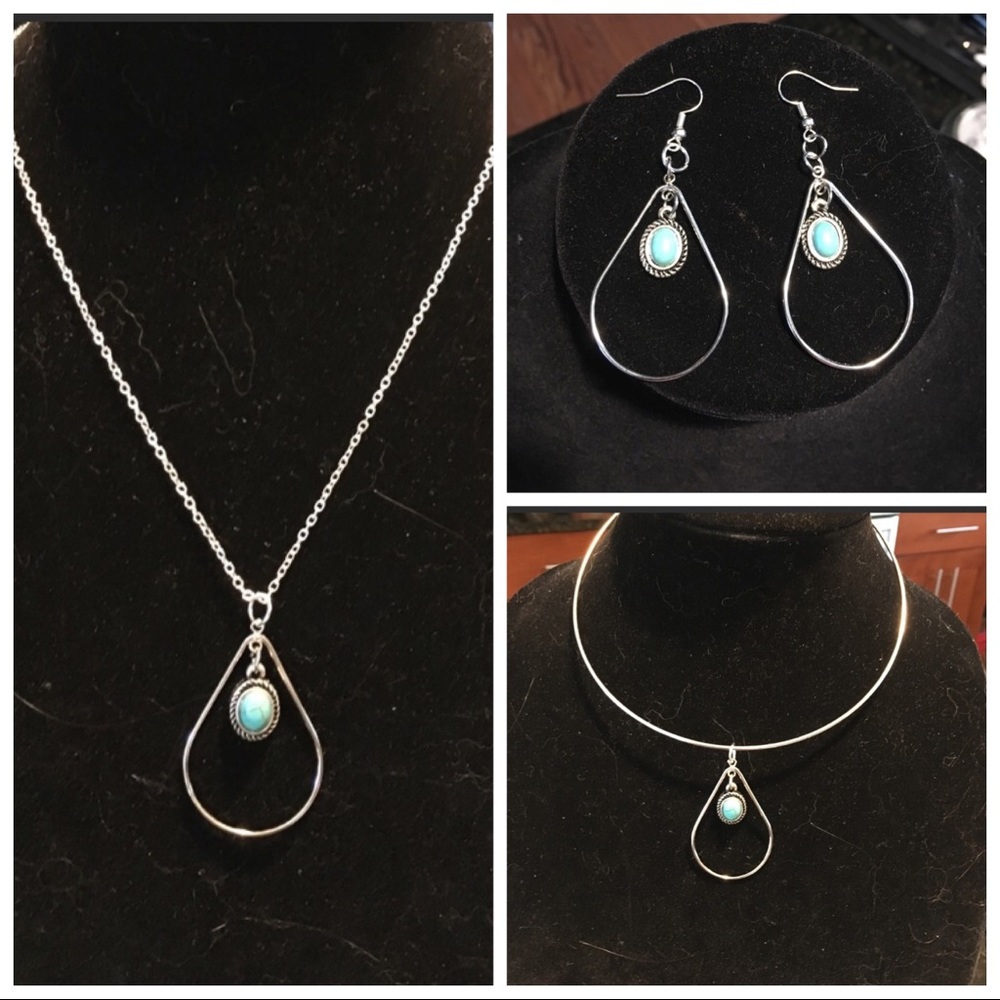 Set of silver/Turquoise color earrings & necklace