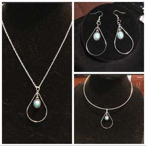 Set of silver/Turquoise color earrings & necklace