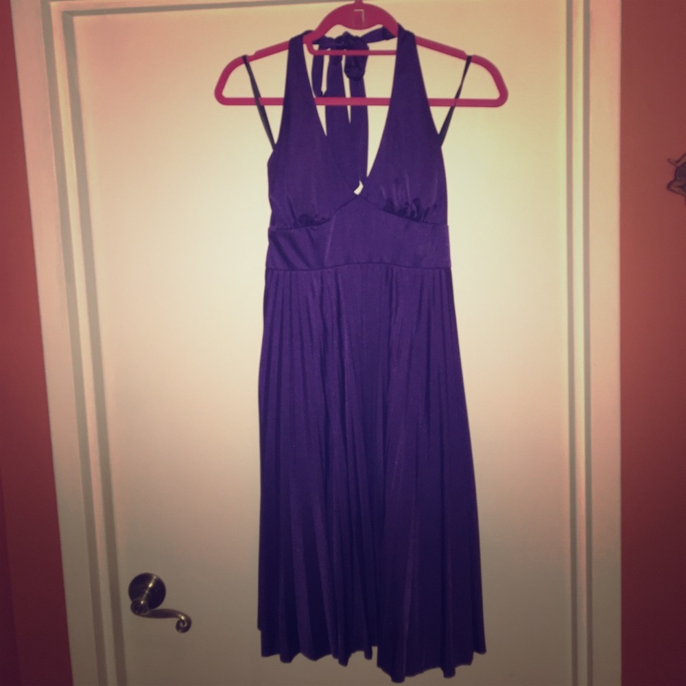 Purple pleated halter dress